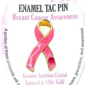 NWT Genuine Austrian Crystal Pink Enamel Cancer Ribbon Tac Pin Layered 18KT Gold